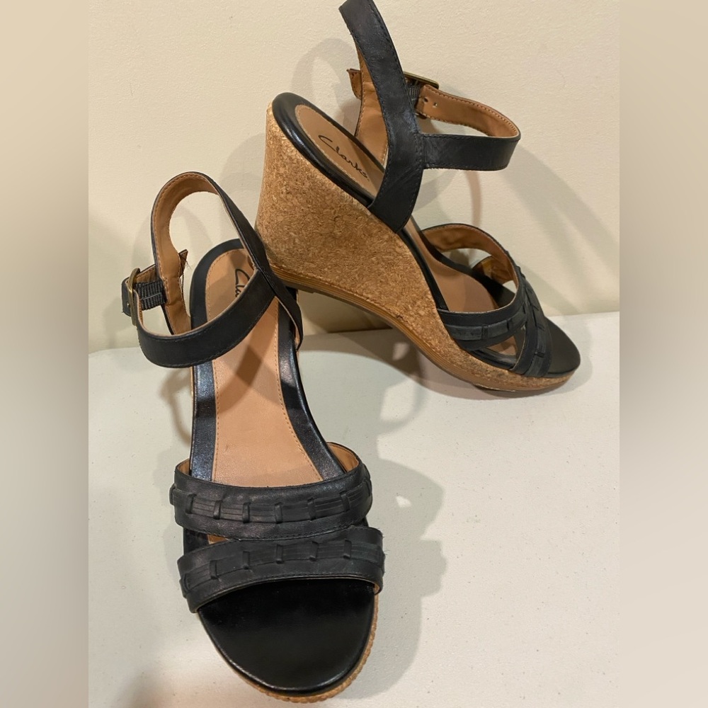 Clarks Black Wedge Sandals with Cork Heel